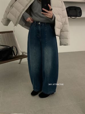 SKY3021韩系加绒新高腰显瘦直筒休闲女百搭阔腿裤子弯刀裤牛仔裤