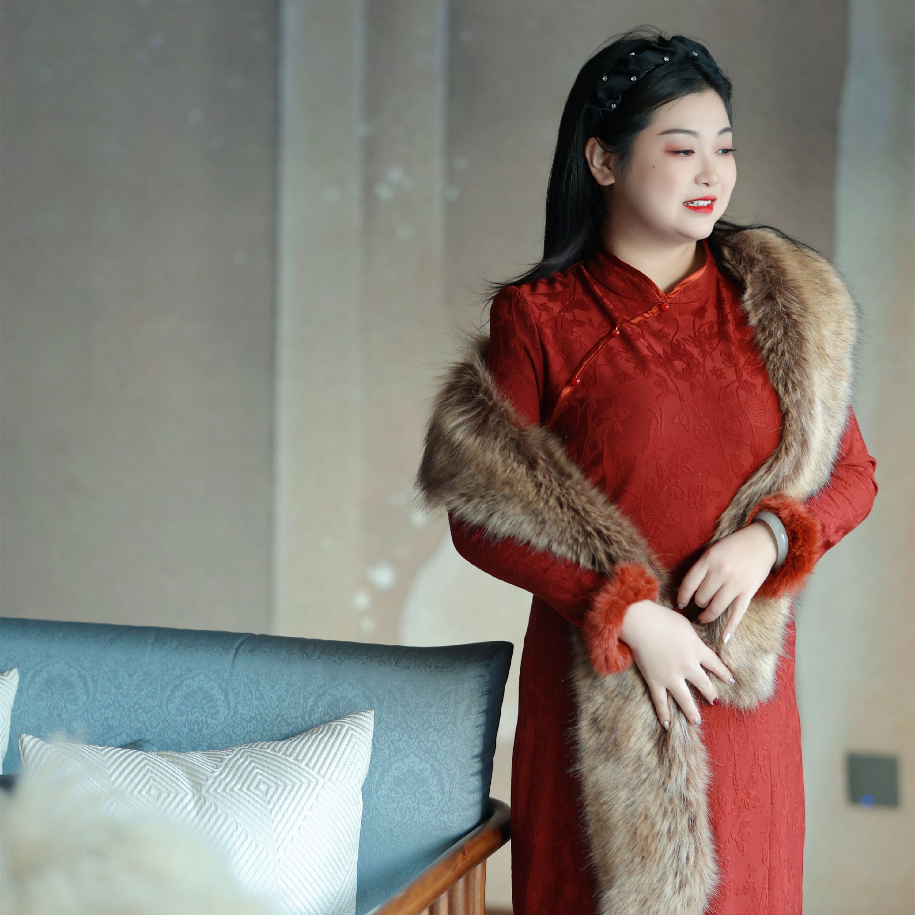 【心想事橙】青春大码女装秋冬款毛袖复古文艺显瘦改良旗袍911106