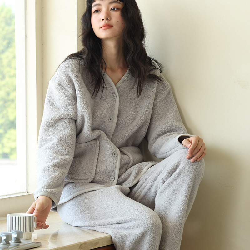 柒的极简生活 双面摇粒绒家居服 秋冬纯色可外穿睡衣宽松保暖套装
