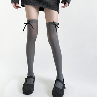 暮云春树:薄款天鹅绒高筒袜女芭蕾风甜美蝴蝶结过膝袜长筒袜女