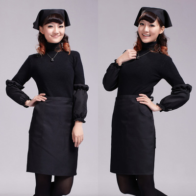 黑色宾馆工作半身围裙+头巾+套袖四件套职业围裙套装 91001
