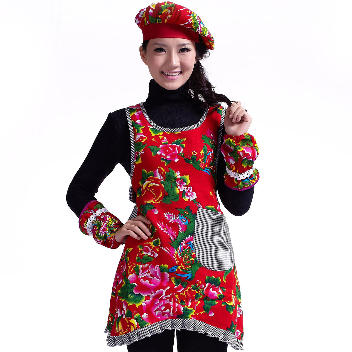 母婴店花店商场围裙 袖套 帽子套装纯棉老花布农家乐中国风围腰
