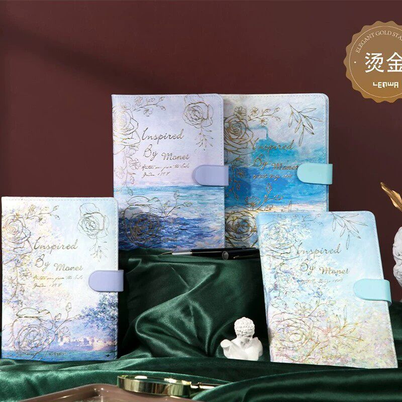 联华文具莫奈印象a6磁扣本pu彩页手账本立体烫金复古笔记本日记本