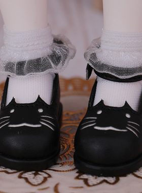 BJD娃娃 鞋子 黑色 6分SD娃娃 猫咪图案 单鞋 可爱 玩偶 娃鞋