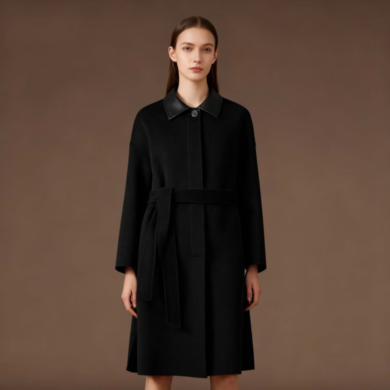 【山羊绒+澳毛】新款毛呢外套女皮领巴恩风2025冬轻奢双面呢大衣