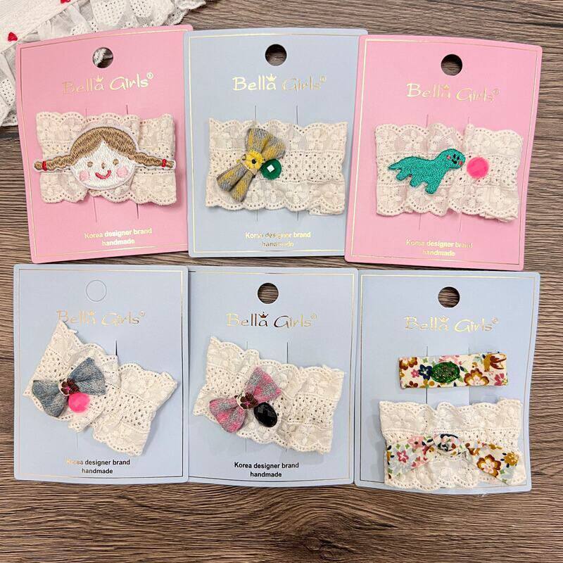 满88包邮蕾丝刺绣韩国新款格纹布艺可爱卡通掰掰夹刘海侧边发饰