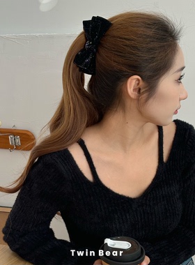 亮闪闪~质感百搭黑色蝴蝶结香蕉夹竖夹马尾夹韩国东大门发饰头饰