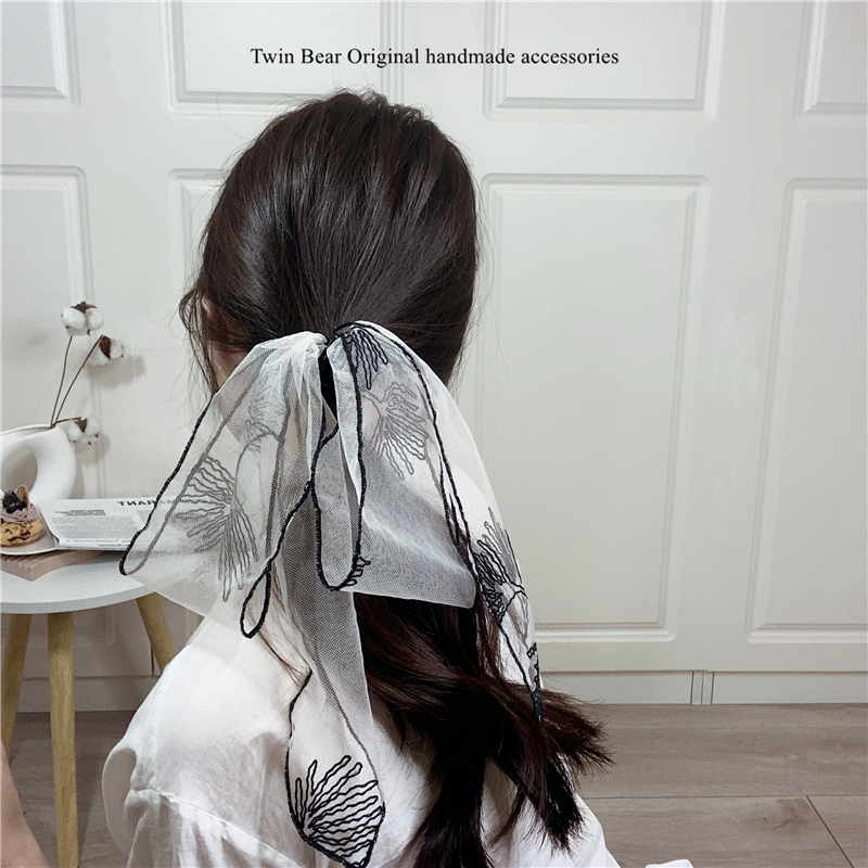 春夏度假重工蕾丝锁边粉白色超大飘逸仙女风超仙蝴蝶结发圈皮筋