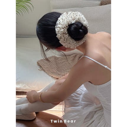 芭蕾风波点花边泡泡纱发圈立体褶皱丸子头氛围感超大大肠圈女发饰