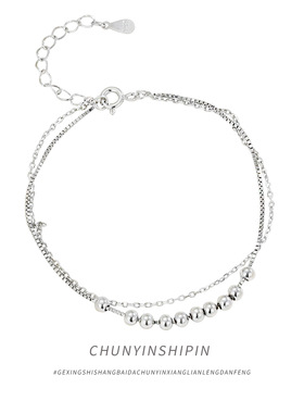 s925纯银百搭圆珠双层手链女生款气质小众简约叠带风珠子手饰配饰