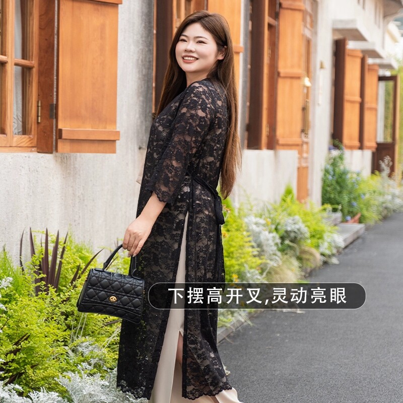 美丽客栈绿肥红瘦黑色长袖开衫胖mm大码镂空蕾春夏胖mm蕾丝上衣
