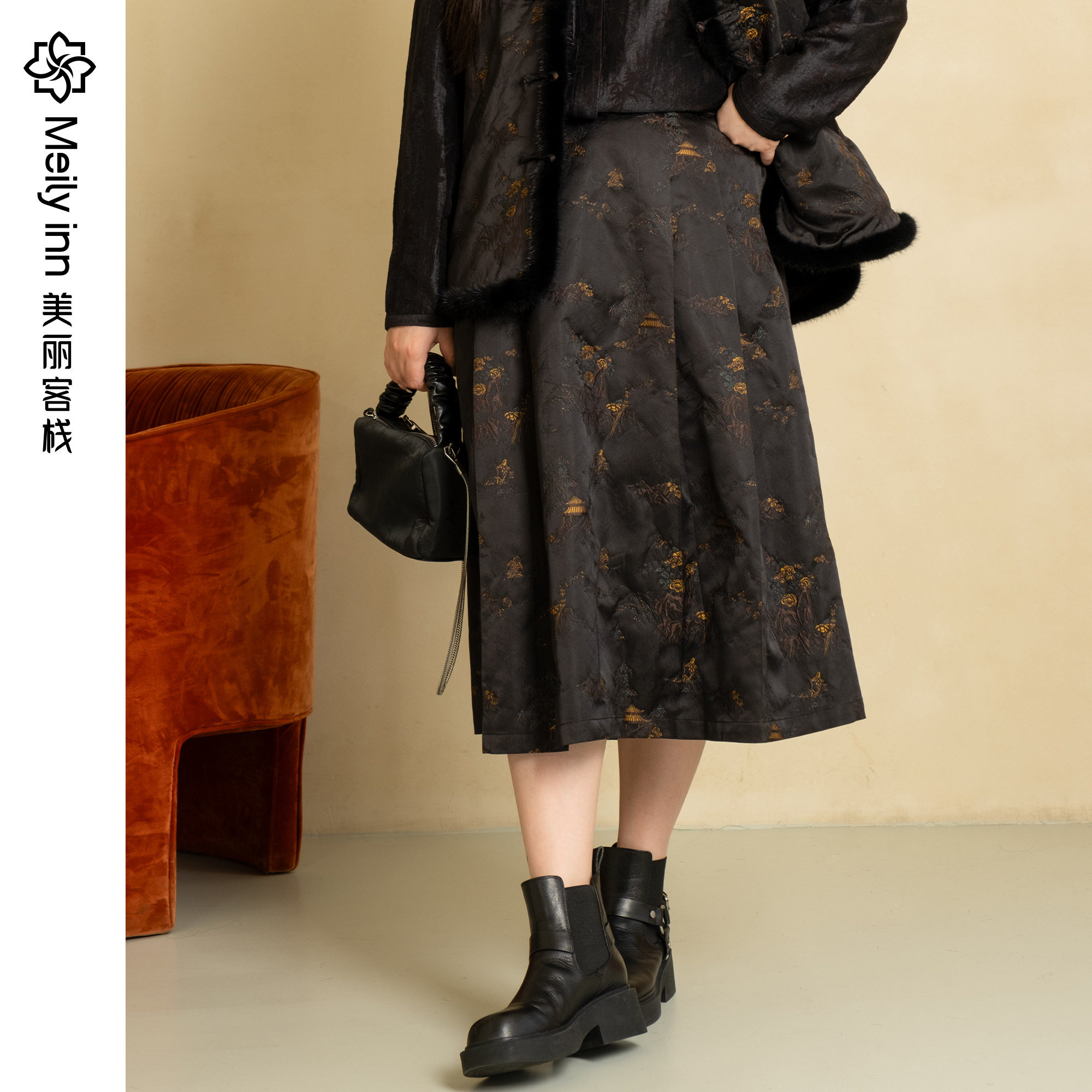 花木倾城美丽客栈新中式高级感新款百褶半身裙秋冬女大码女装长裙