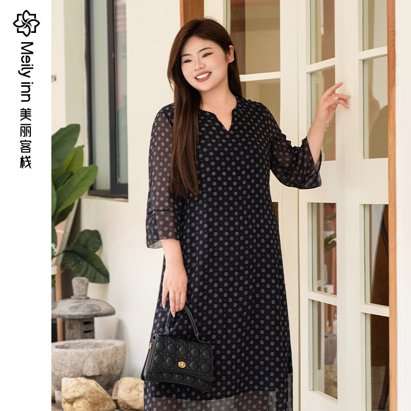 【真丝】美丽客栈桑蚕丝优雅显瘦连衣裙夏胖mm大码大码mm改良旗袍