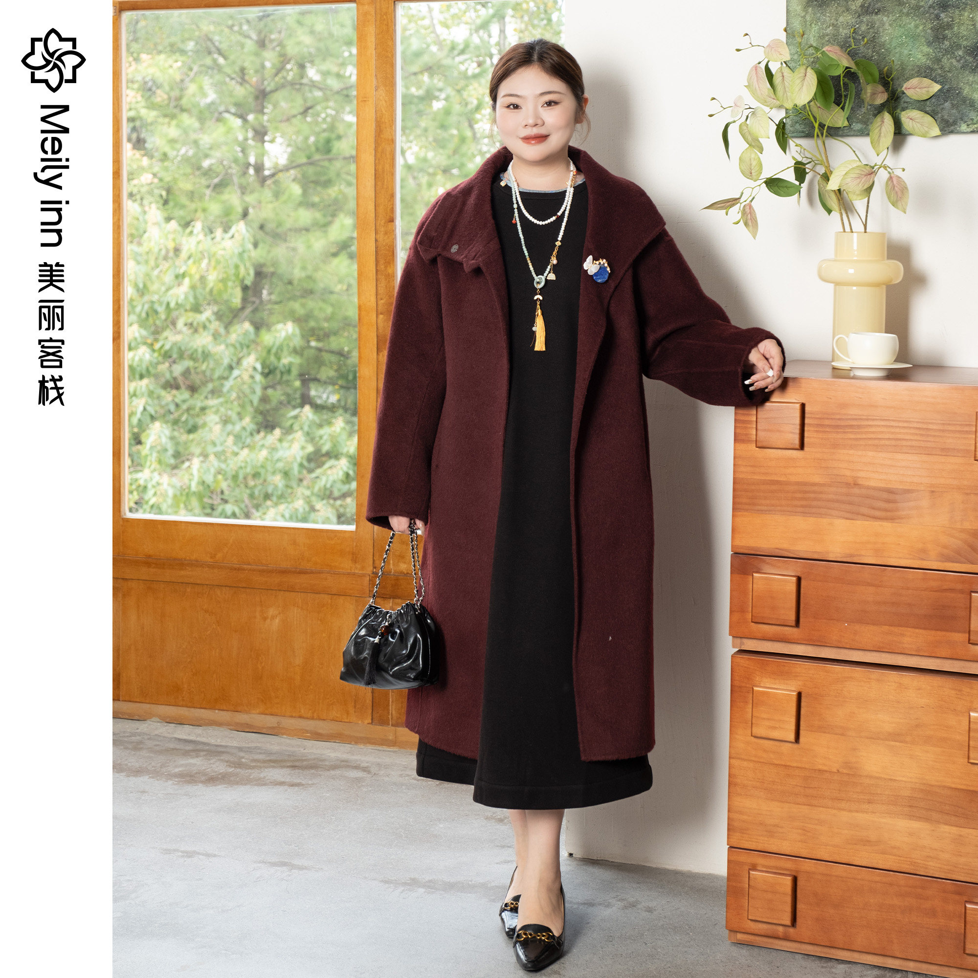 【盛世之珠】美丽客栈秋冬新款真丝羊毛双面呢大衣女高级大码女装