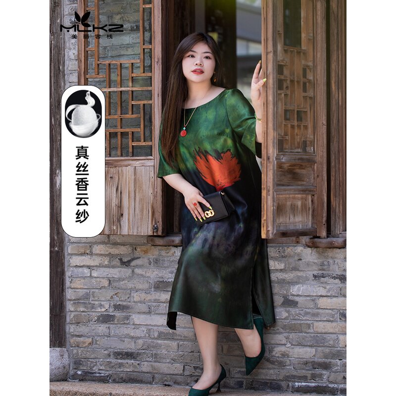 美丽客栈一枝独秀胖mm女夏季夏季桑蚕丝大码女装国风新中式连衣裙
