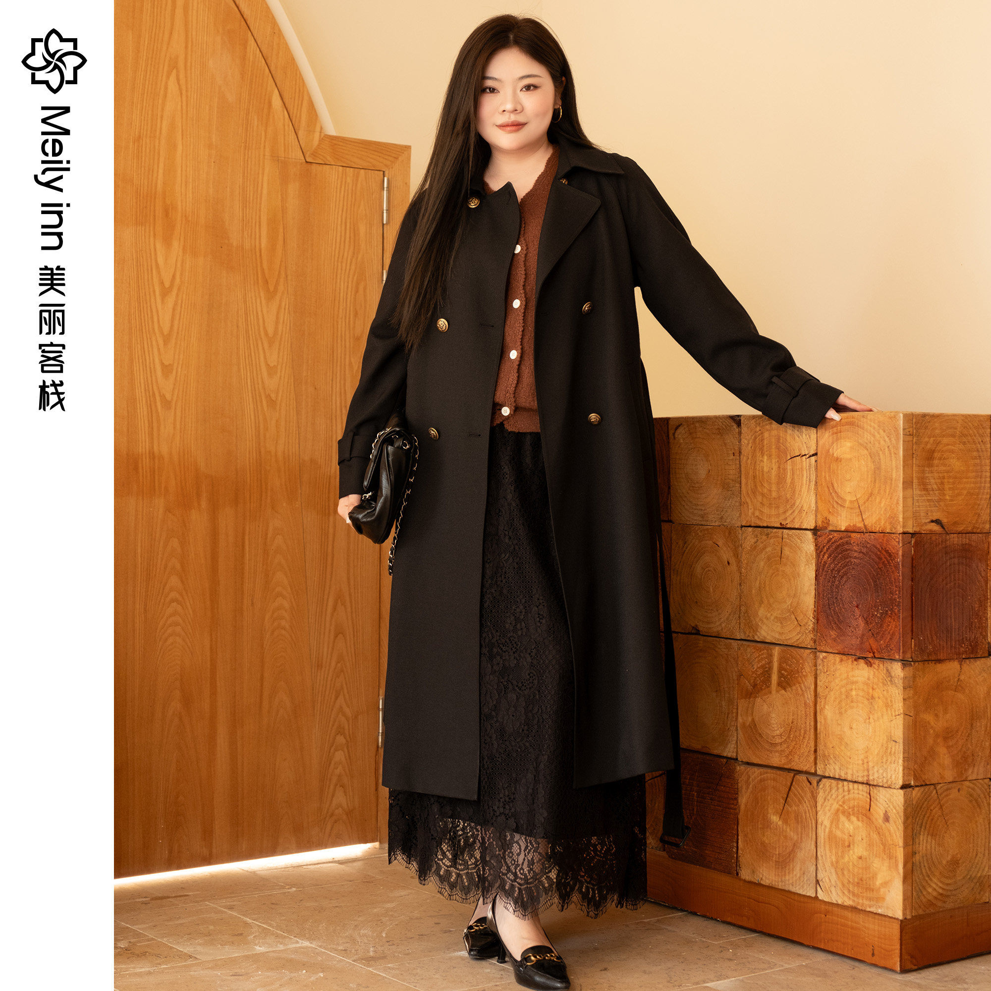 美丽客栈英伦风高级大码英伦风黑色秋冬大码英伦风长款女装风衣