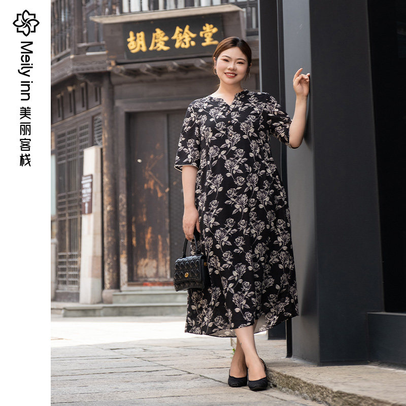 【玫瑰】美丽客栈收腰显瘦气质胖MM大码连衣裙中长款遮肚子裙子夏