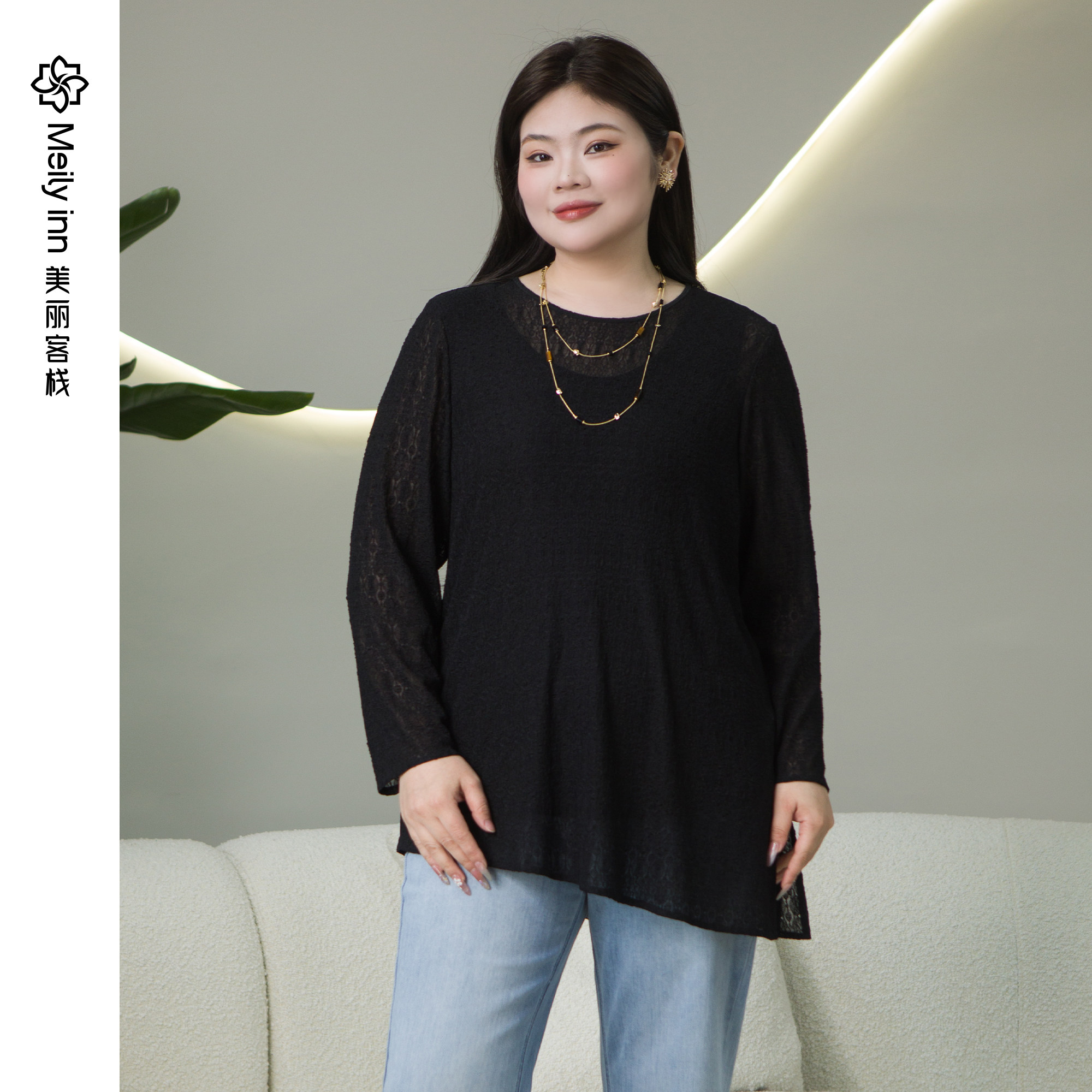 美丽客栈原创高端大码女装200斤胖mm加大加肥镂空蕾丝罩衫轻奢T恤