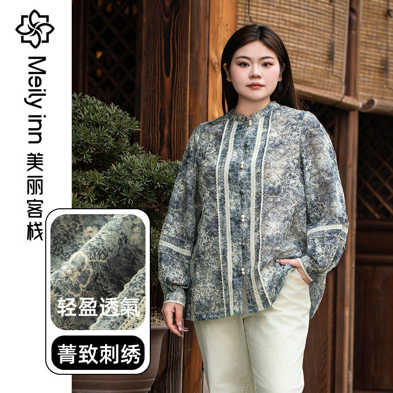 【轻盈透气】美丽客栈风信衬衫大码女胖mm春季泡泡袖法式刺绣小衫