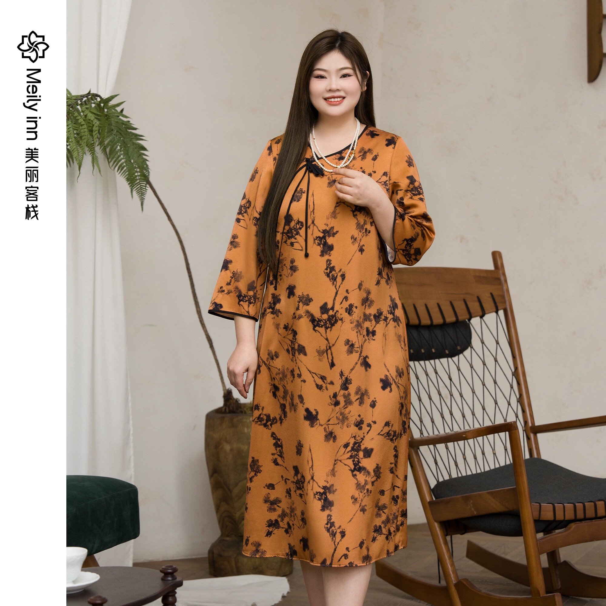 美丽客栈原创高端大码女装胖妹妹mm缎面丝滑印花七分袖连衣裙夏季