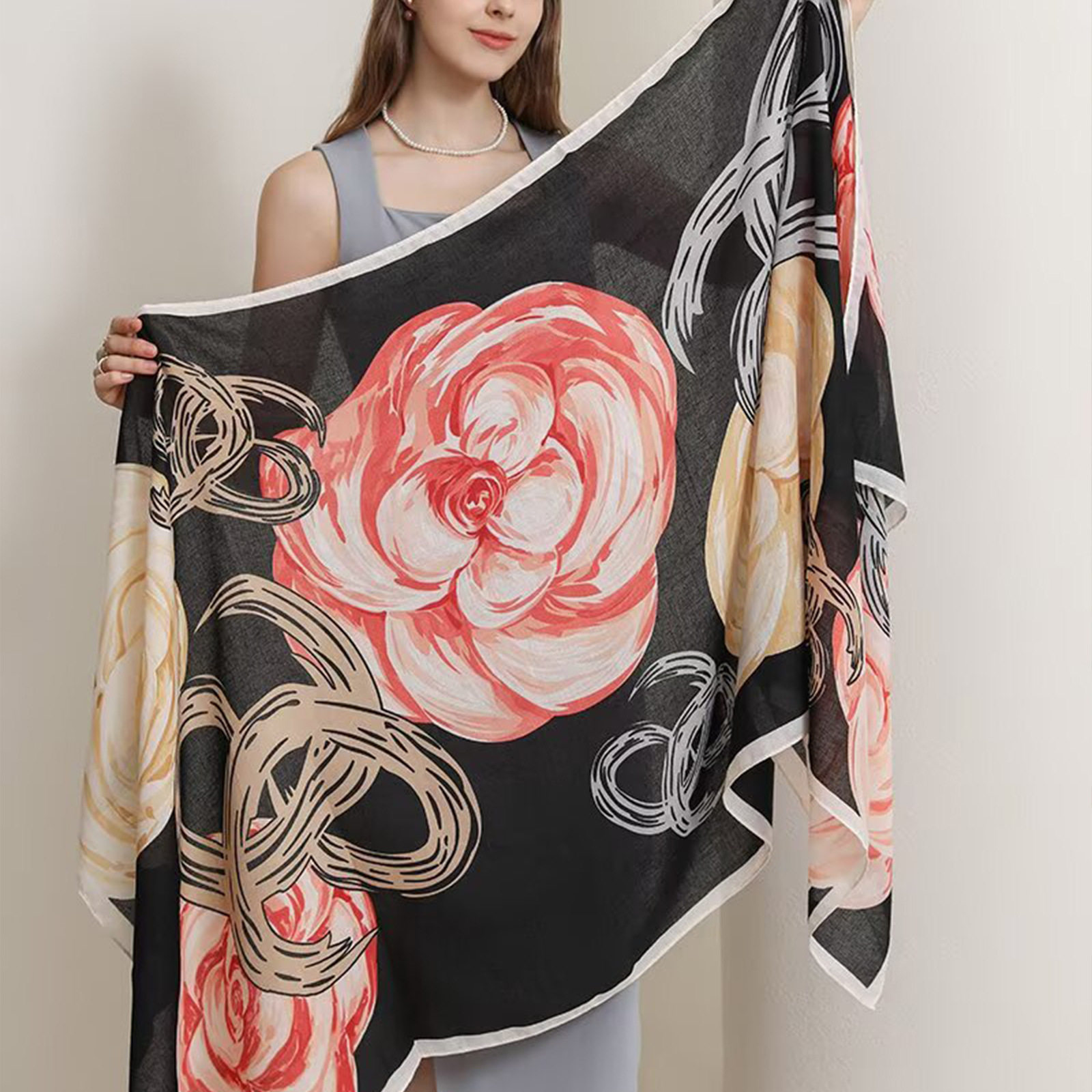 新款复古字母印花女围巾春秋披纱欧美时尚百搭仿棉麻围巾披肩