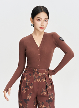 IFV摩登舞拉丁舞上装女V领纽扣修身显瘦舞蹈服装棉感连体衣1043