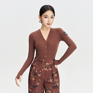 IFV摩登舞拉丁舞上装女V领纽扣修身显瘦舞蹈服装棉感连体衣1043
