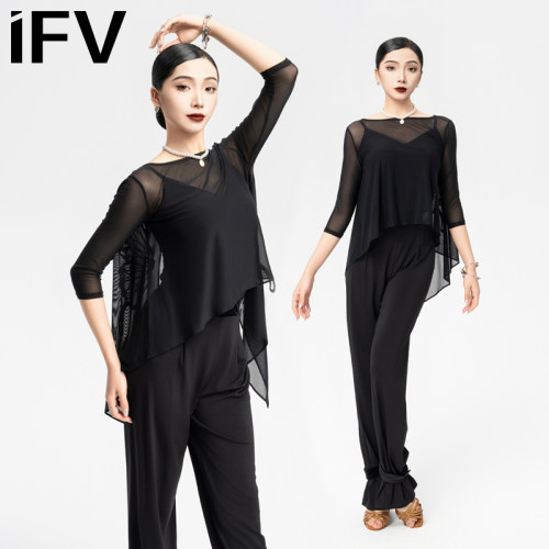 IFV摩登舞上衣蝴蝶刺绣网纱飘逸