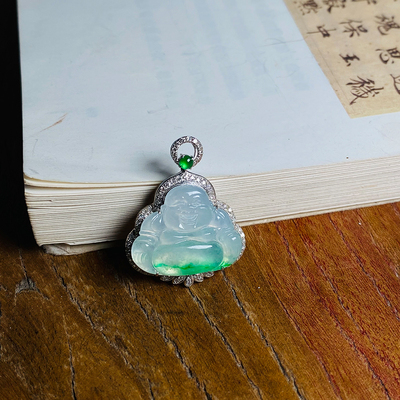 【肚里藏金】新品现货小精品冰种翡翠A货金丝绿经典佛公吊坠18K