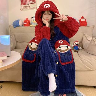 马里奥卡通睡袍珊瑚绒睡衣女士冬季加厚保暖连帽法拉绒家居服套装