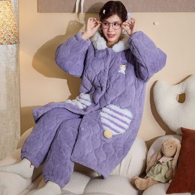 珊瑚绒睡衣女士三层夹棉加厚睡袍女款冬季可爱中长款连帽睡衣浴袍