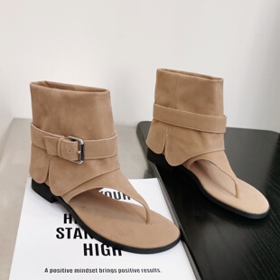 靴凉鞋 配裙子西部库管短靴时装 2026年新款 平底夹脚高级感罗马凉鞋