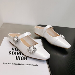 轻奢一字带凉拖女2026年新款 小方头低跟内增高外穿通勤半拖一脚蹬