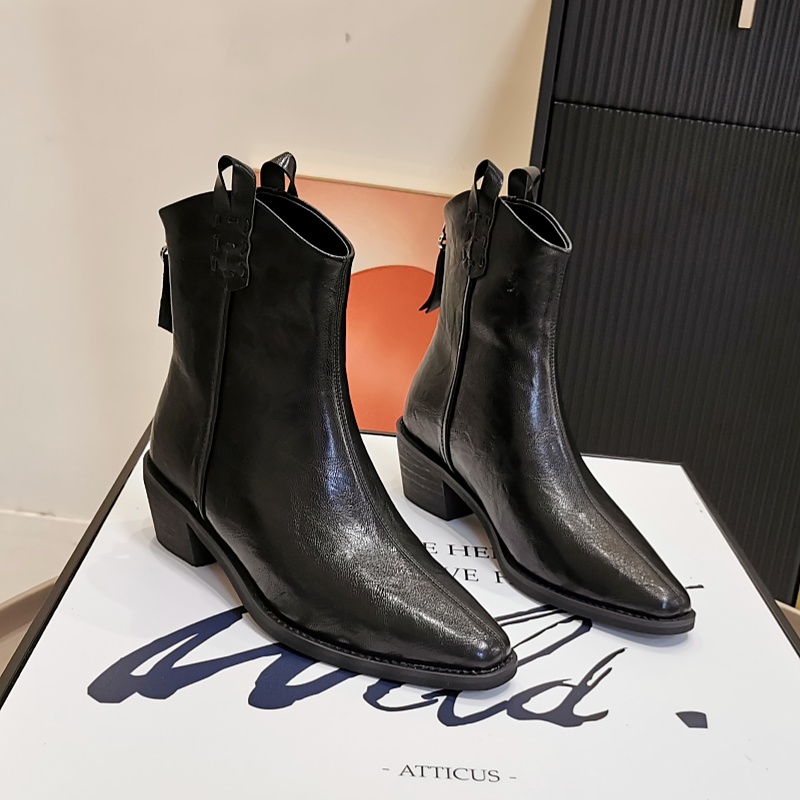 复古尖头小短靴女百搭粗跟骑士靴