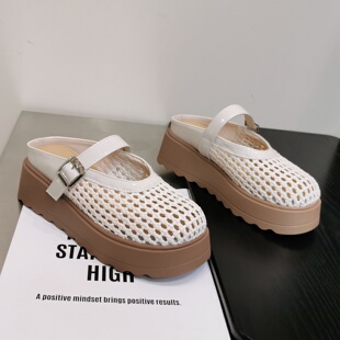 增高透气玛丽珍凉拖 圆头5cm 编织网面镂空厚底穆勒拖2026夏季 新款