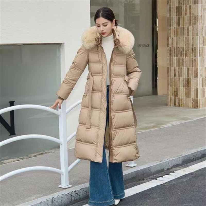 2025新款中长款羽绒服女过膝长款大毛领狐狸毛修身收腰腰带白鸭绒