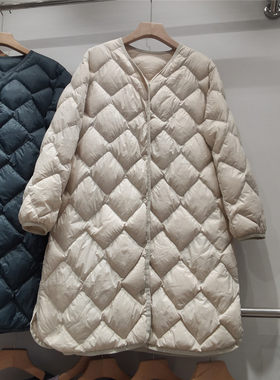 轻薄白鸭绒中长款V领轻便羽绒服