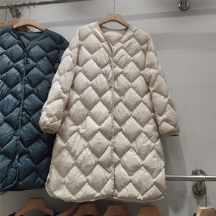 2024新款轻薄中长款羽绒服女V领轻薄轻便马甲宽松显瘦薄款菱形格