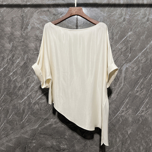 格调铜氨丝一字领斜露肩慵懒上衣法式高级宽松慵懒五分袖衬衫女