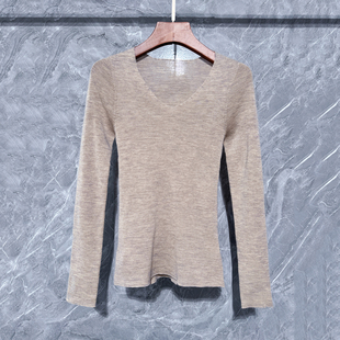120支高精扬子纱V领打底衫100%美丽诺超细羊针织衫修身薄款毛衣女