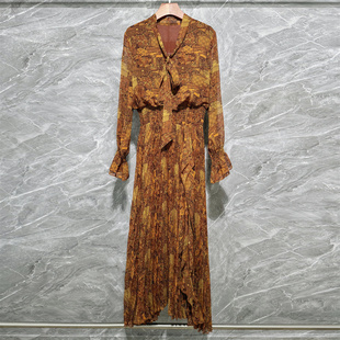 宴会礼服长裙长袖 欧洲站走秀款 V领系带印花百褶连衣裙松紧腰修身