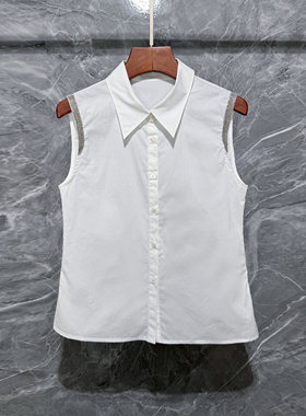 白色尖领无袖衬衫女纯棉职业衬衣
