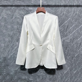 南油现货高级感金属扣醋酸长袖 西装 无领垫肩缎面白色外套女西服潮