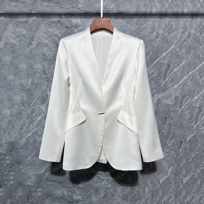 现货金属扣醋酸长袖外套西装无领