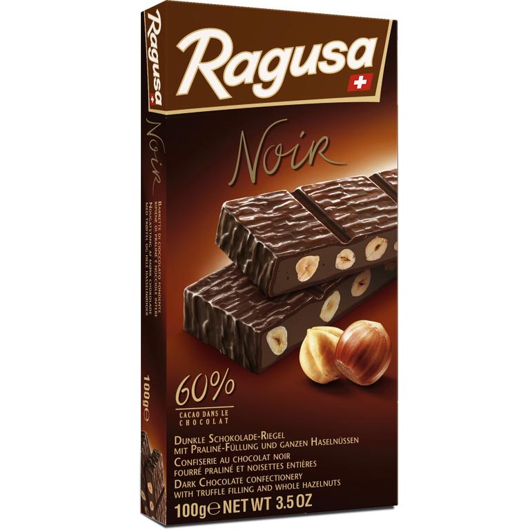 瑞士进口零食品Ragusa Noir榛子果仁夹心60%可可黑巧克力排块100g-封面