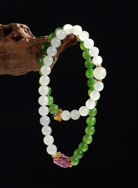 收藏级天然俄料碧玉手链菠菜绿和田玉手串青海白玉碧玺18k金观音