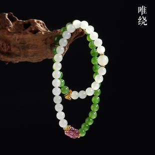 收藏级天然俄料碧玉手链菠菜绿和田玉手串青海白玉碧玺18k金观音