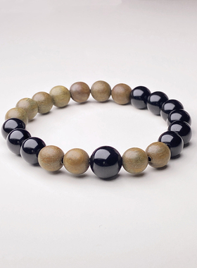 唯绕原创天然乌金乌金黑曜石手串绿檀木手链阿根廷男女转运本命年