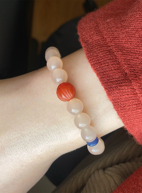 藕粉色天然玉髓手串保真南红莲花蓝点石新中式手链女文玩串珠国风