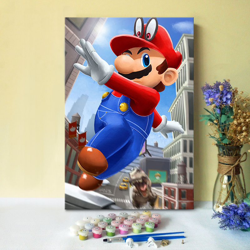 手游插画马里奥 创意卡通填色画diy数字油画卧室摆件装饰墙画儿童